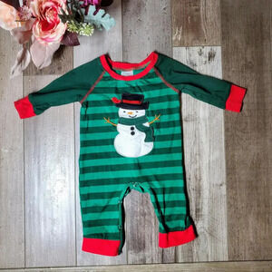 Green and Red Striped Snowman Romper Jumpsuit One Piece Size 3-6 NWOT